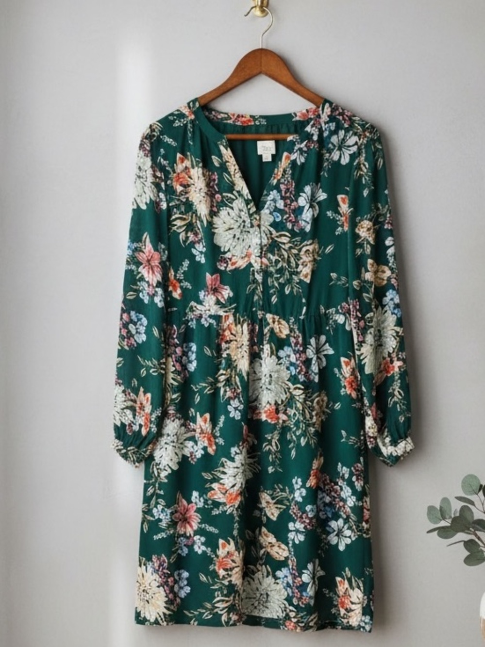 A New Day Dark Green Floral Long Sleeve Babydoll Dress Size M